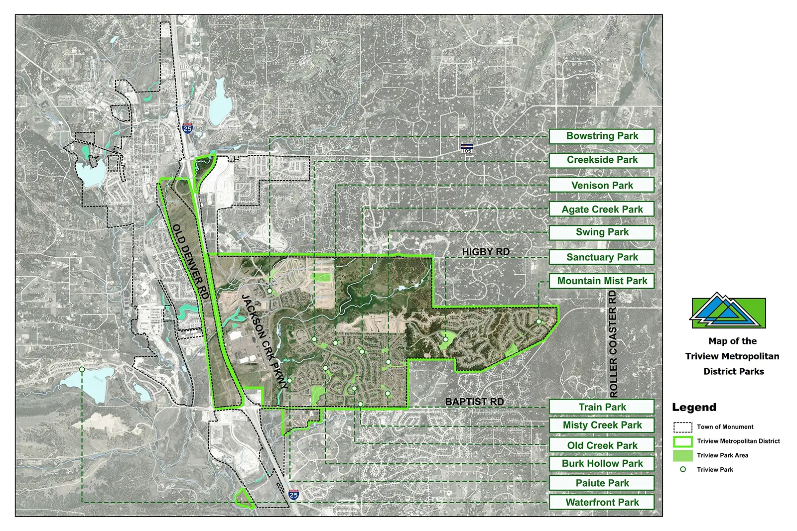 A map showing where all the parks are in relation to the entire Triview Metro District